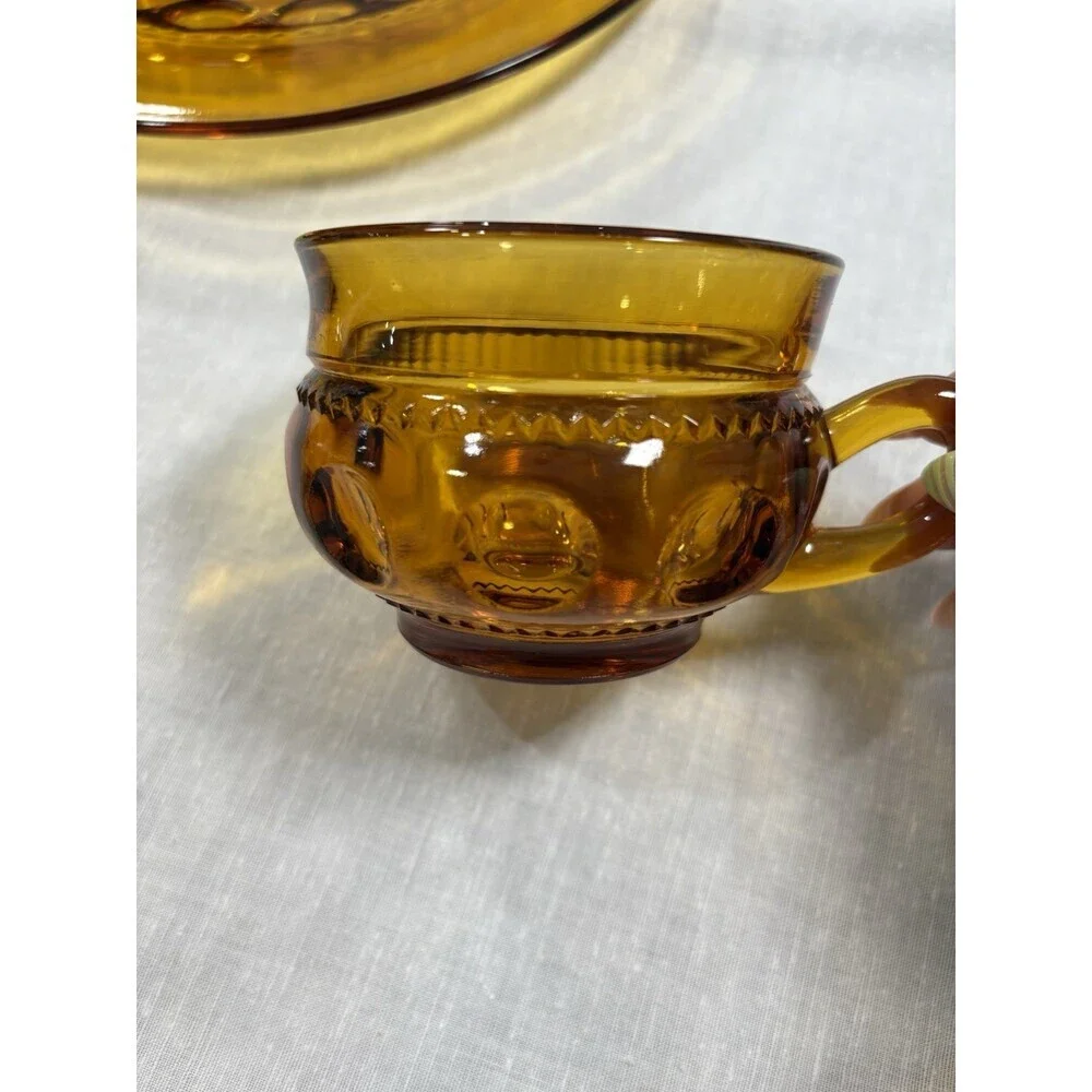 Vintage Indiana Glass Kings Crown Thumbprint Amber Snack Set 6 Plates 6Cups